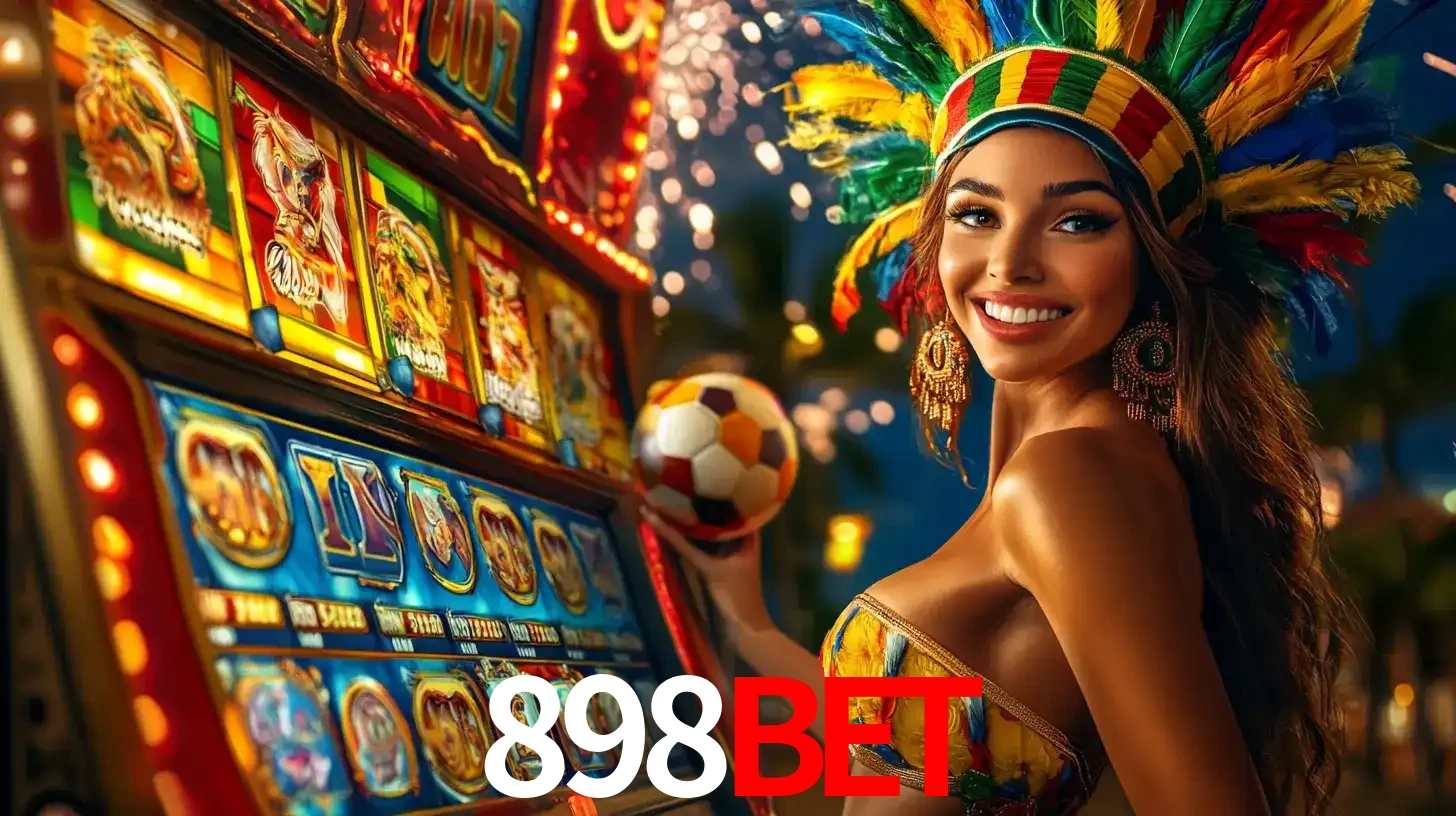 Mulher com um cocar de carnaval ao lado de uma máquina de caça-níqueis enquanto segura uma bola de futebol, mostrando a união da diversão de cassino e esportes no 898BET.