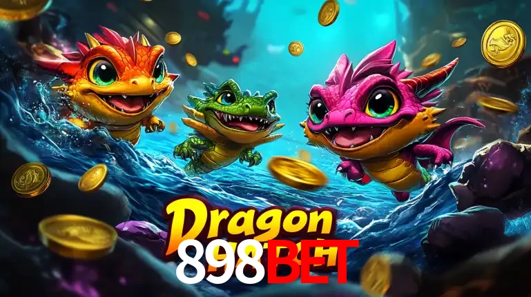 Arte promocional do jogo Dragon Hatch com três adoráveis dragões bebês nadando entre moedas de ouro, um dos slots mais divertidos para jogar no cassino 898BET.