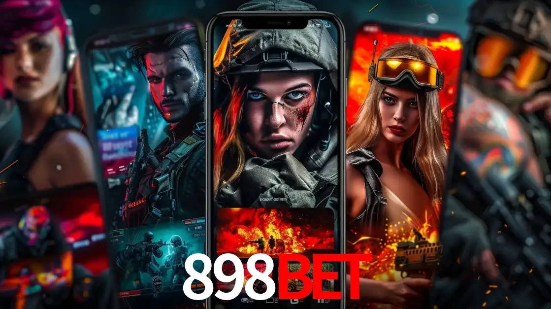 Montagem de telas de celular mostrando diversos personagens, masculinos e femininos, de um jogo de tiro, ilustrando a diversidade de equipes de e-sports para apostar no 898BET.
