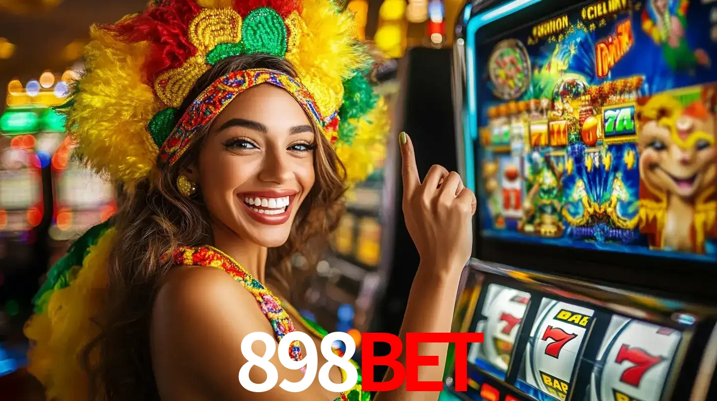 Mulher animada com um cocar de carnaval apontando para uma máquina de caça-níqueis, mostrando a emoção de ganhar um grande prêmio nos jogos do 898BET.