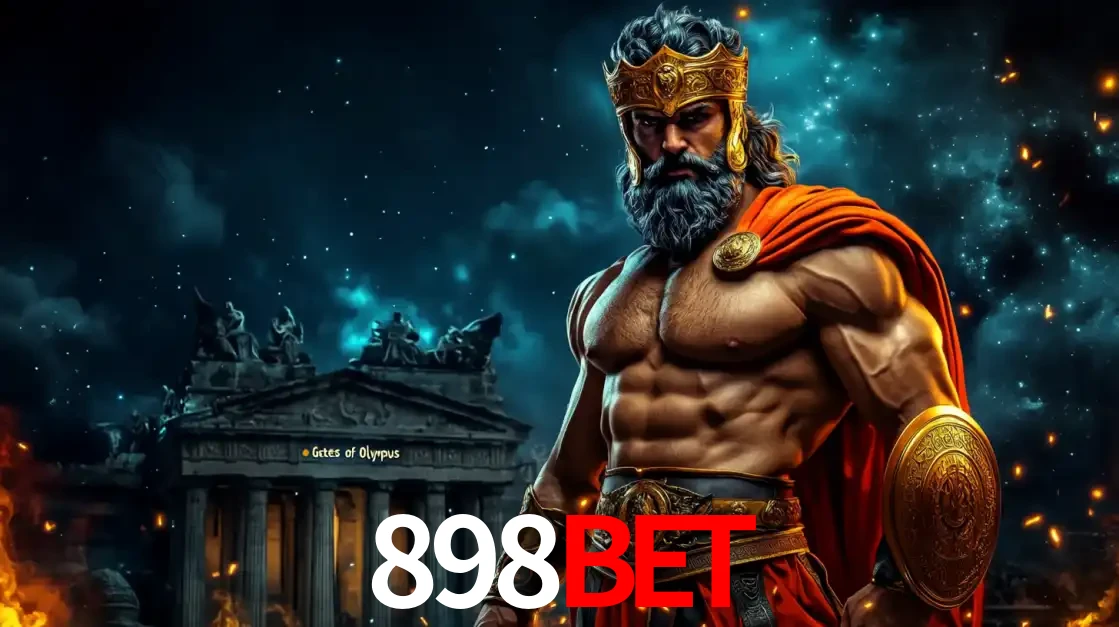 O poderoso Zeus do jogo de slot Gates of Olympus em frente ao seu templo, pronto para lançar multiplicadores divinos e prêmios épicos no cassino online 898BET.