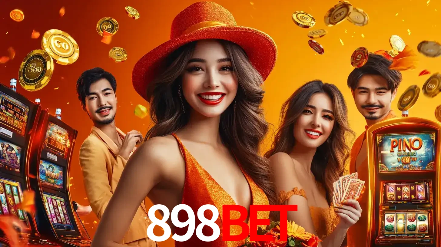 Grupo de amigos asiáticos sorrindo e se divertindo com máquinas de caça-níqueis em um ambiente festivo, celebrando suas vitórias nos jogos de cassino do 898BET.