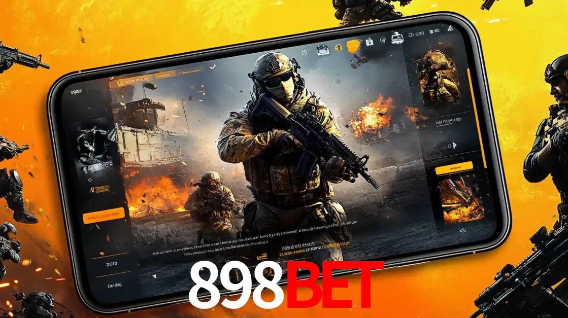 Um smartphone exibindo a interface de um jogo de tiro em primeira pessoa, com um soldado em um cenário de batalha, representando a ação dos e-sports para apostar no 898BET.