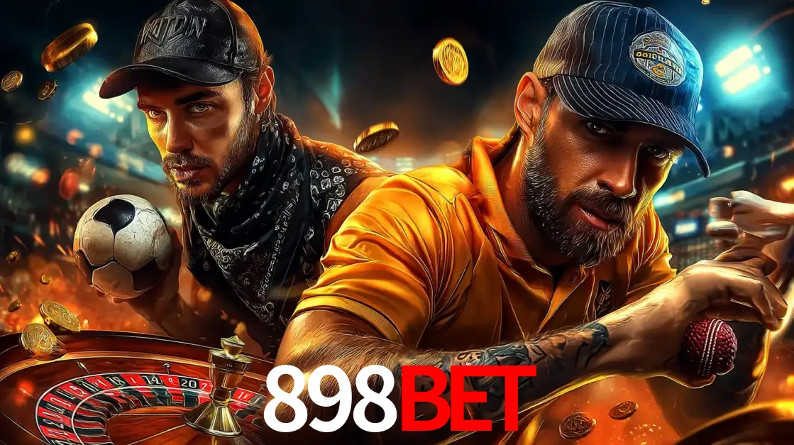 Montagem de apostas esportivas e cassino no 898BET, com um homem segurando uma bola de futebol e outro uma de beisebol sobre uma roleta e moedas voadoras.