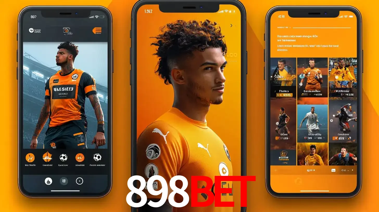 Interface do aplicativo de apostas esportivas 898BET em três telas de celular, mostrando o perfil de um jogador de futebol e a lista de jogos disponíveis para apostar.