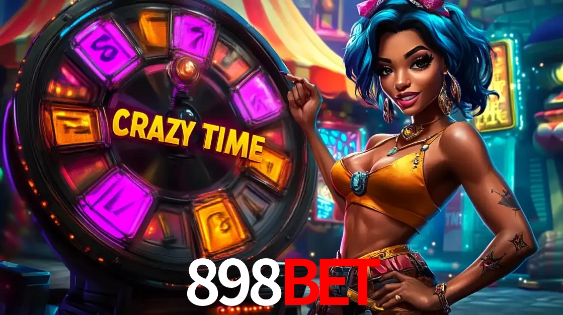 Mulher estilizada com cabelo azul e visual vibrante posando ao lado da roda de prêmios do game show Crazy Time, convidando para a diversão e os bônus do cassino 898BET.