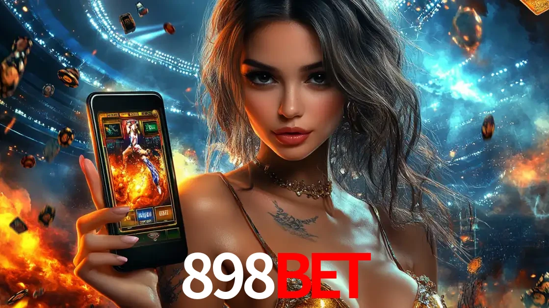 Mulher segurando um celular com um jogo de slot em destaque, tendo como fundo um estádio vibrante, simbolizando a emoção de jogar no cassino móvel 898BET.