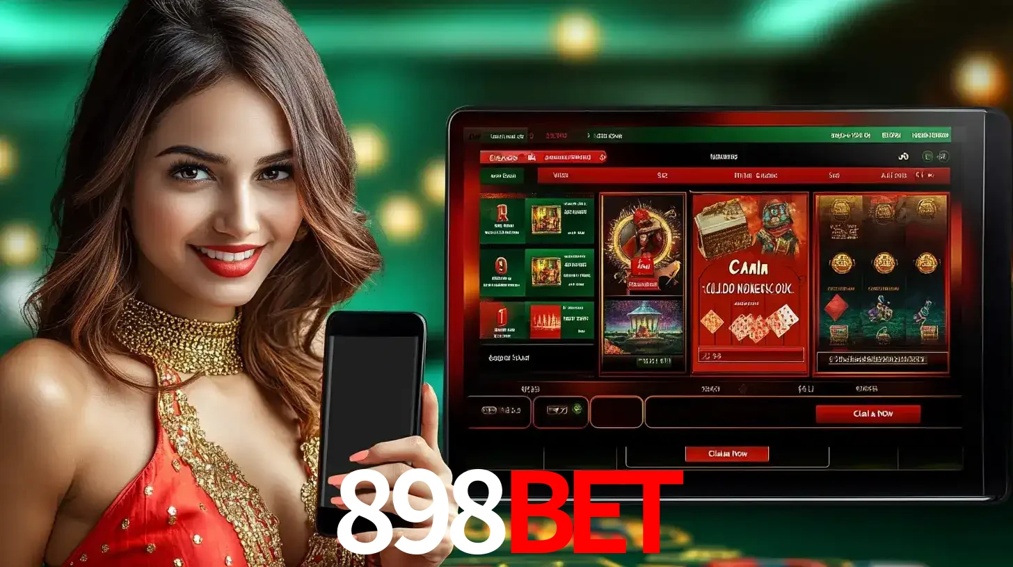 Mulher sorridente segurando um smartphone, ao lado de uma tela exibindo o lobby de jogos do cassino online 898BET, com várias opções de jogos de cartas e slots.